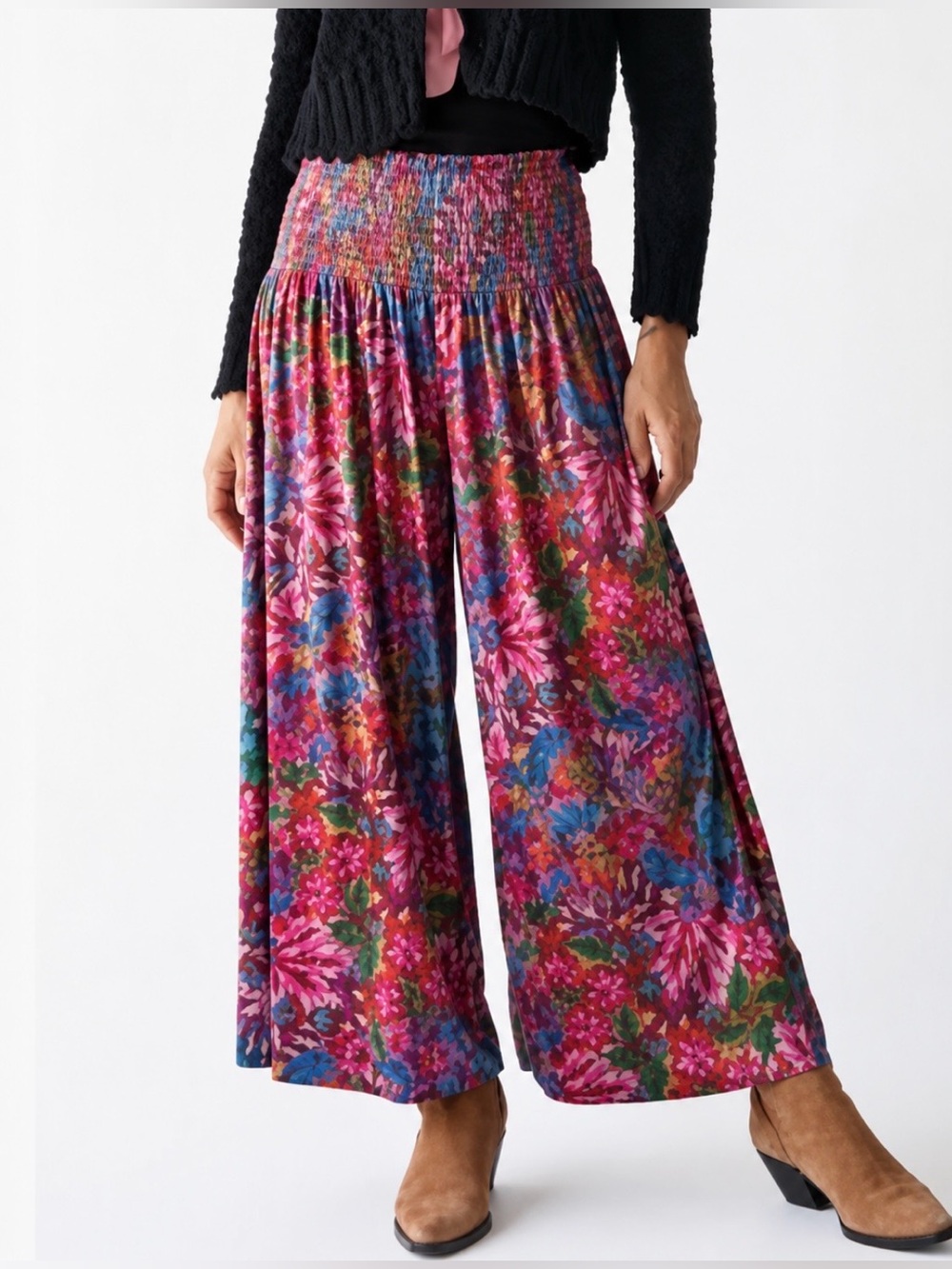 Natural Life Velvet Floral Smocked Wide Leg Palazzo Pants Boho Hippie Festival